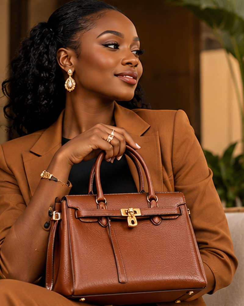 Lily Collection Handbags fashion editorial featuring an African woman